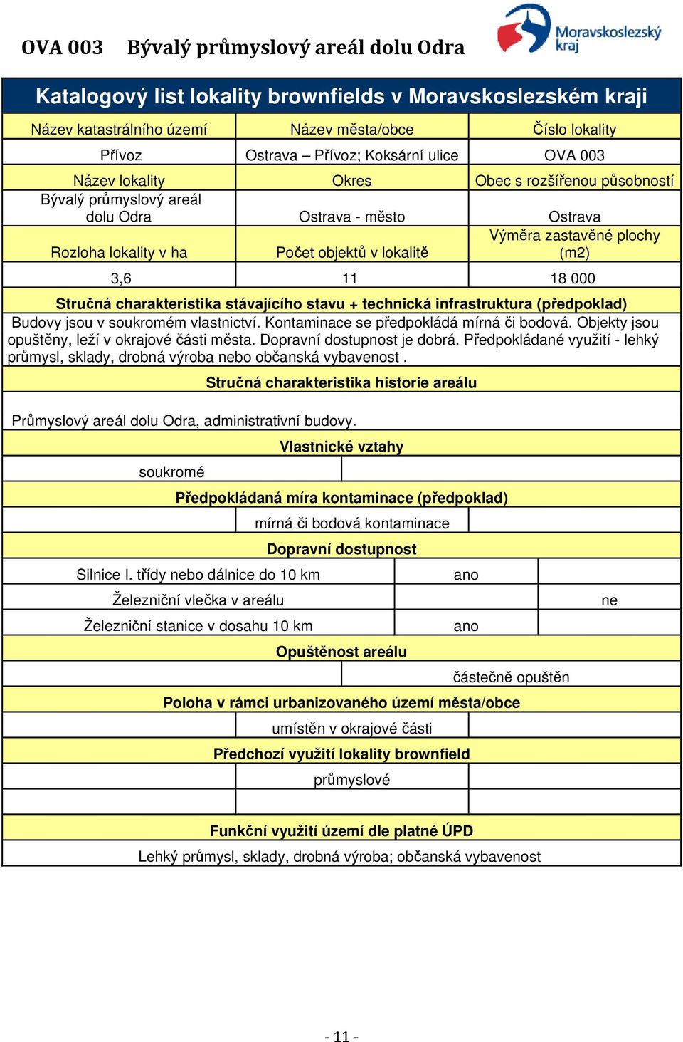 18 000 Stručná charakteristika stávajícího stavu + technická infrastruktura (předpoklad) Budovy jsou v soukromém vlastnictví. Kontaminace se předpokládá mírná či bodová.