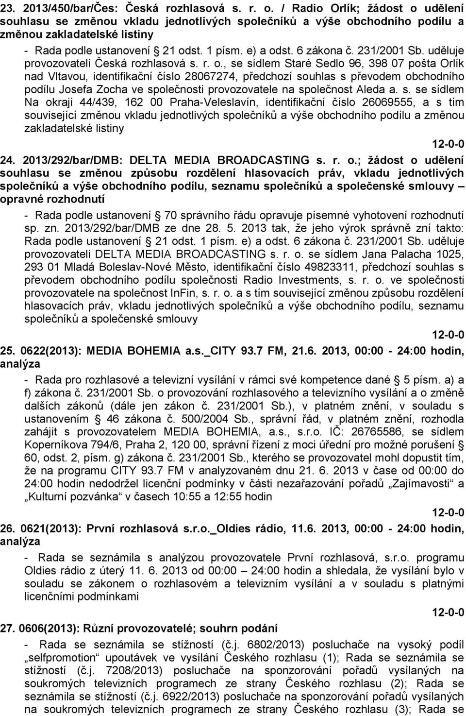 6 zákona č. 231/2001 Sb. uděluje provozovateli Česká rozhlasová s. r. o.