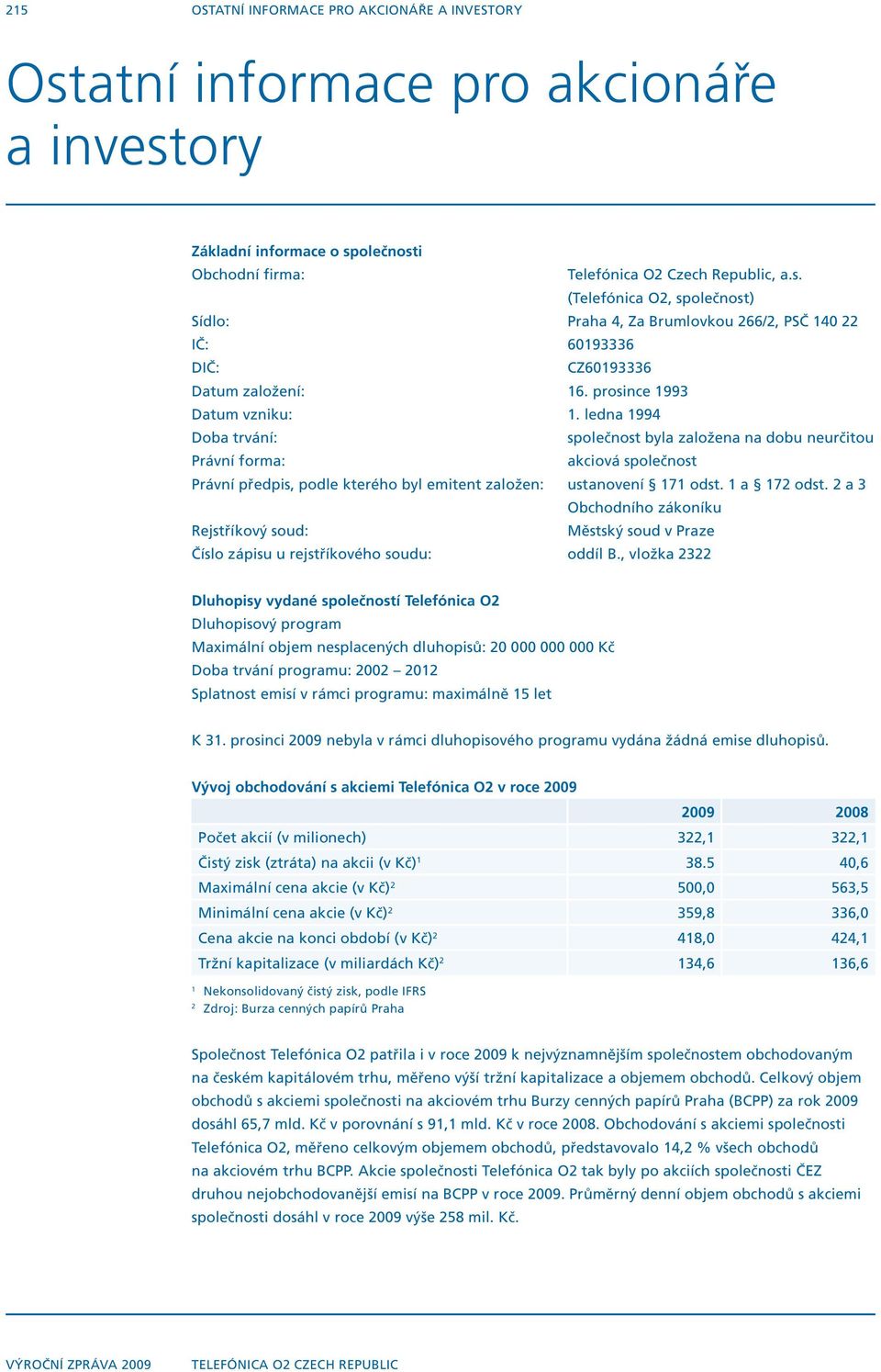 ledna 1994 Doba trvání: společnost byla založena na dobu neurčitou Právní forma: akciová společnost Právní předpis, podle kterého byl emitent založen: ustanovení 171 odst. 1 a 172 odst.