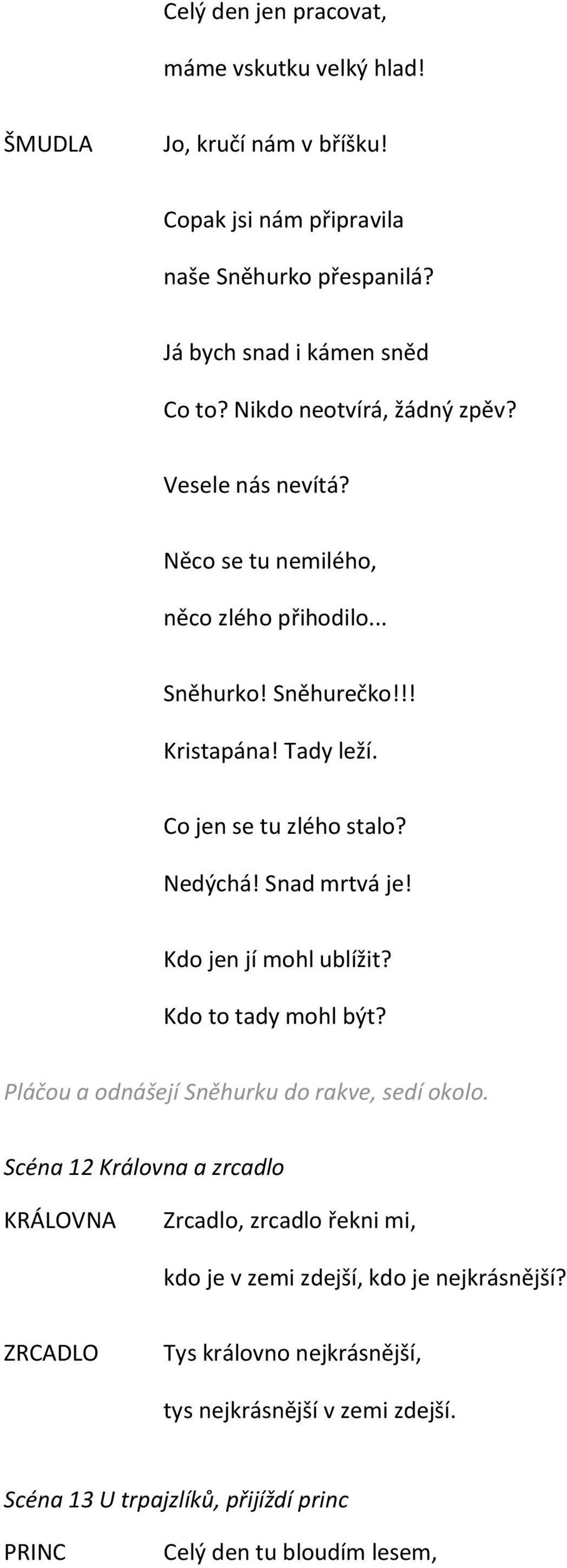 Snad mrtvá je! Kdo jen jí mohl ublížit? Kdo to tady mohl být? Pláčou a odnášejí Sněhurku do rakve, sedí okolo.