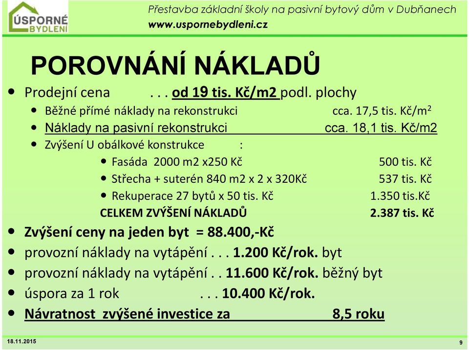 Kč Střecha + suterén 840 m2 x 2 x 320Kč 537 tis. Kč Rekuperace 27 bytů x 50 tis. Kč 1.350 tis.kč CELKEM ZVÝŠENÍ NÁKLADŮ 2.387 tis.