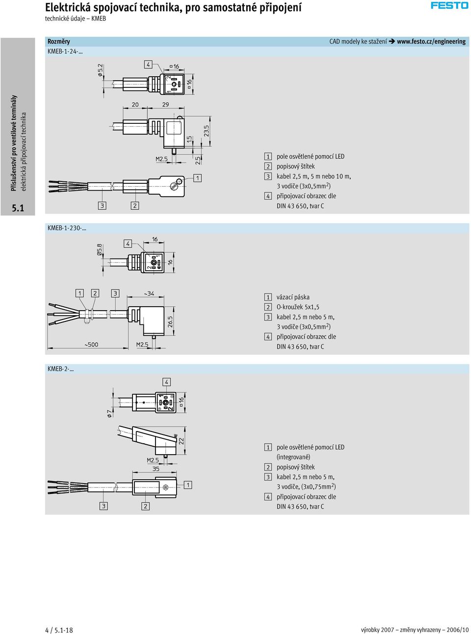 obrazec dle DIN 43 650, tvar C KMEB-1-230- 1 vázací páska 2 O-kroužek 5x1,5 3 kabel 2,5 m nebo 5 m, 3 vodiče (3x0,5mm 2 ) 4