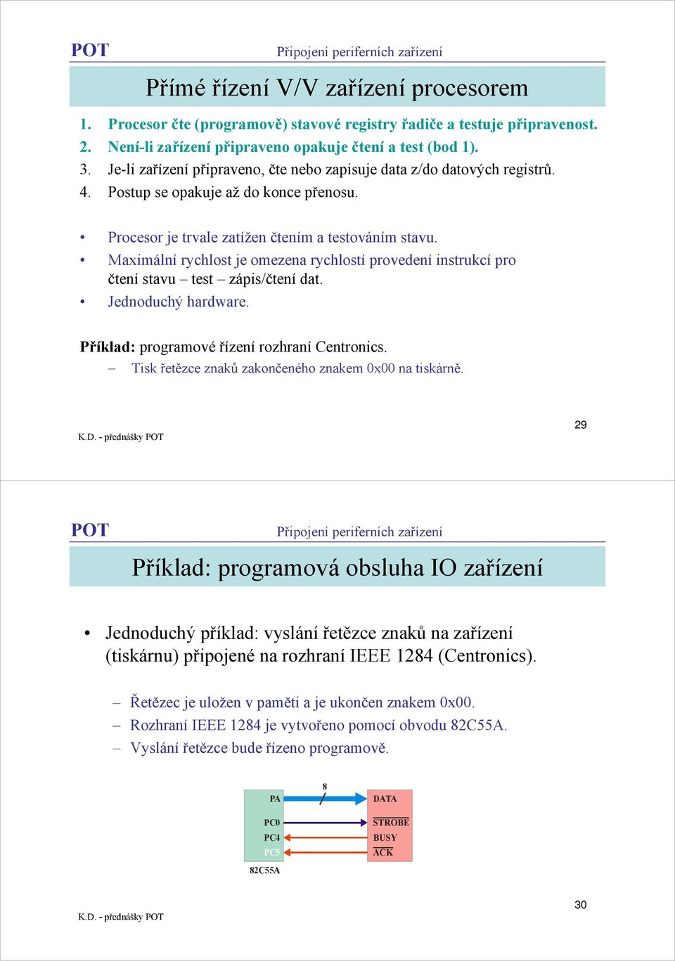 Maximální rychlost je omezena rychlostí provedení instrukcí pro čtení stavu test zápis/čtení dat. Jednoduchý hardware. Příklad: programové řízení rozhraní Centronics.