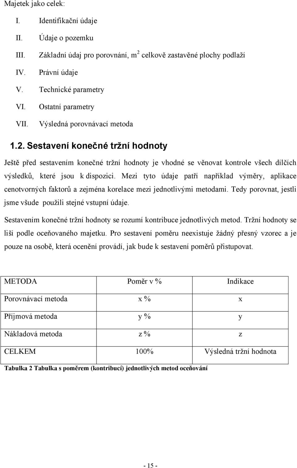 Sestavení konečné tržní hodnoty Ještě před sestavením konečné trţní hodnoty je vhodné se věnovat kontrole všech dílčích výsledků, které jsou k dispozici.