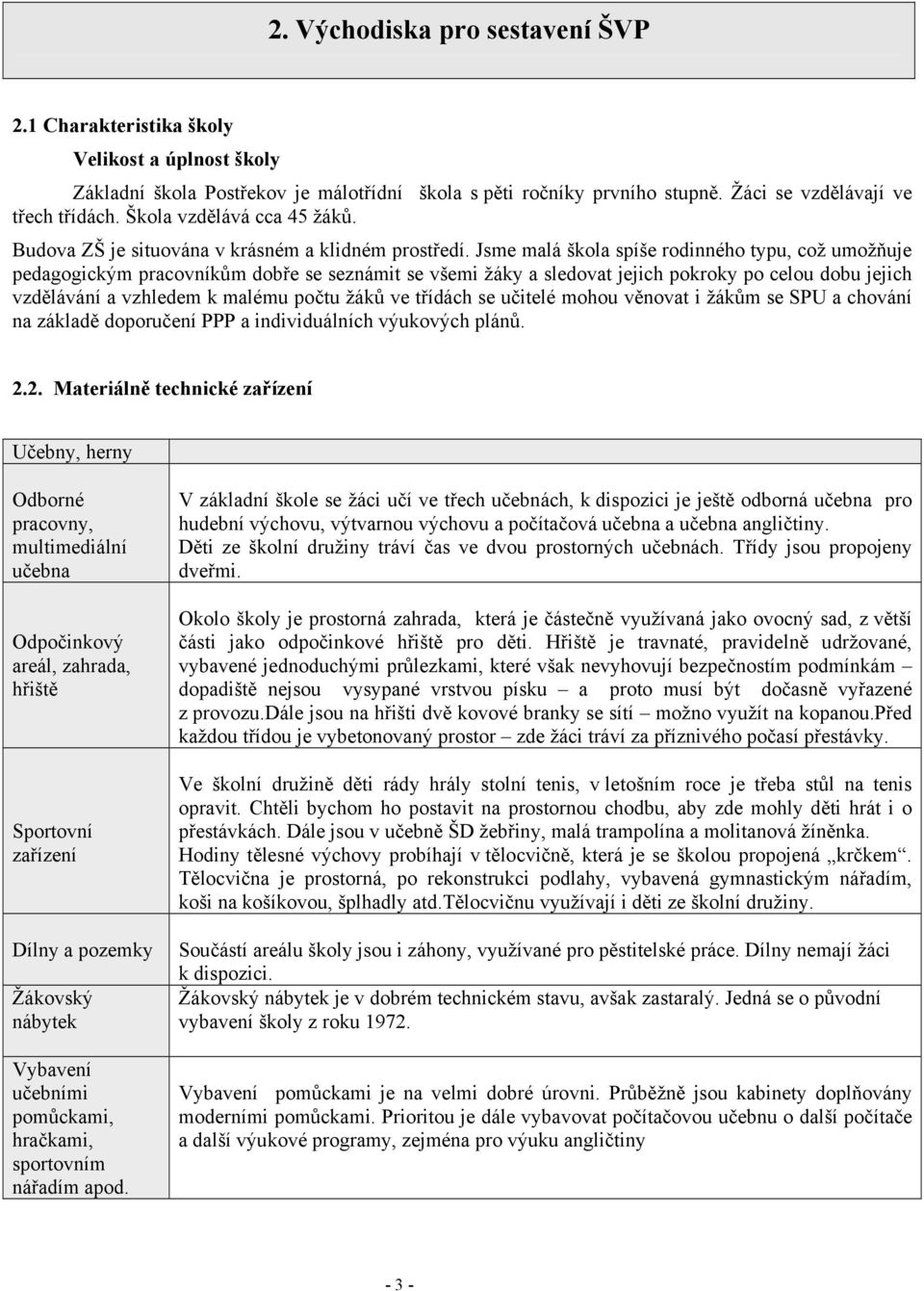 Jsme malá škola spíše rodinného typu, což umožňuje pedagogickým pracovníkům dobře se seznámit se všemi žáky a sledovat jejich pokroky po celou dobu jejich vzdělávání a vzhledem k malému počtu žáků ve