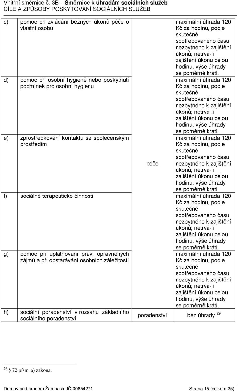 maximální  maximální  f) sociálně terapeutické činnosti maximální  g) pomoc při uplatňování práv, oprávněných zájmů a při obstarávání osobních záležitostí h) sociální poradenství v rozsahu základního