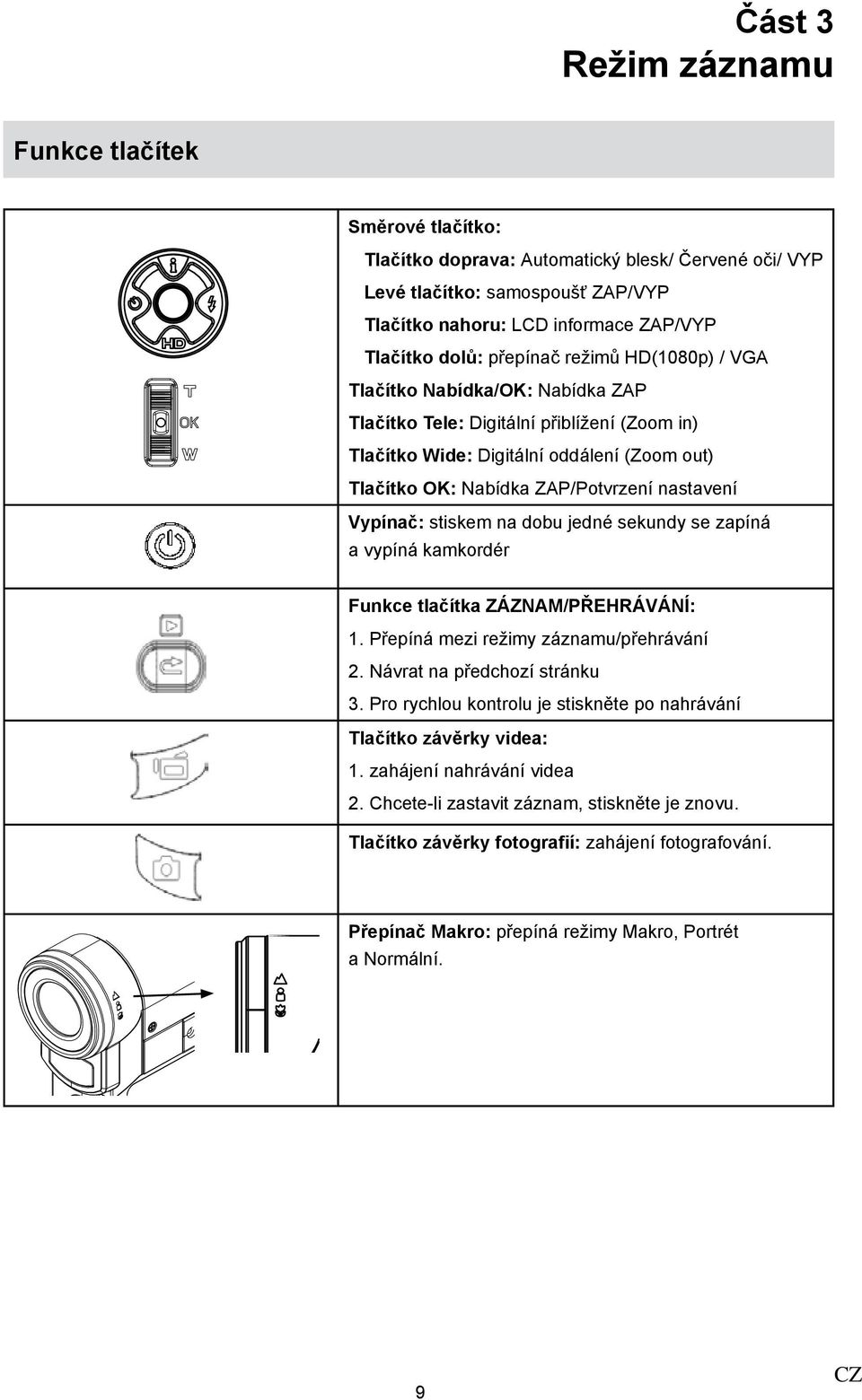 nastavení Vypínač: stiskem na dobu jedné sekundy se zapíná a vypíná kamkordér Funkce tlačítka ZÁZNAM/PŘEHRÁVÁNÍ: 1. Přepíná mezi režimy záznamu/přehrávání 2. Návrat na předchozí stránku 3.