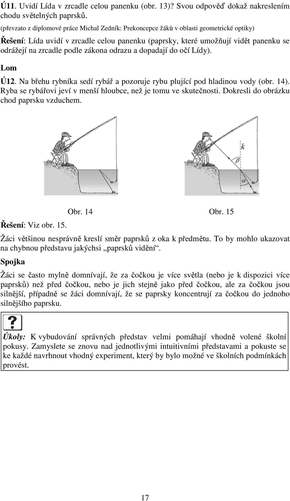 podle zákona odrazu a dopadají do očí Lídy). Lom Ú12. Na břehu rybníka sedí rybář a pozoruje rybu plující pod hladinou vody (obr. 14).