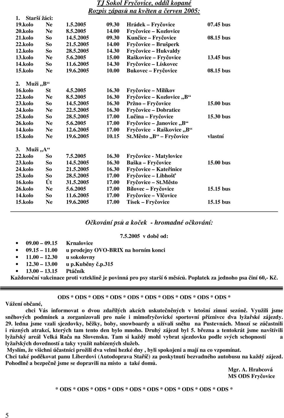 45 bus 14.kolo So 11.6.2005 14.30 Fryčovice Lískovec 15.kolo Ne 19.6.2005 10.00 Bukovec Fryčovice 08.15 bus 2. Muži B 16.kolo St 4.5.2005 16.30 Fryčovice Milíkov 22.kolo Ne 8.5.2005 16.30 Fryčovice Kozlovice B 23.