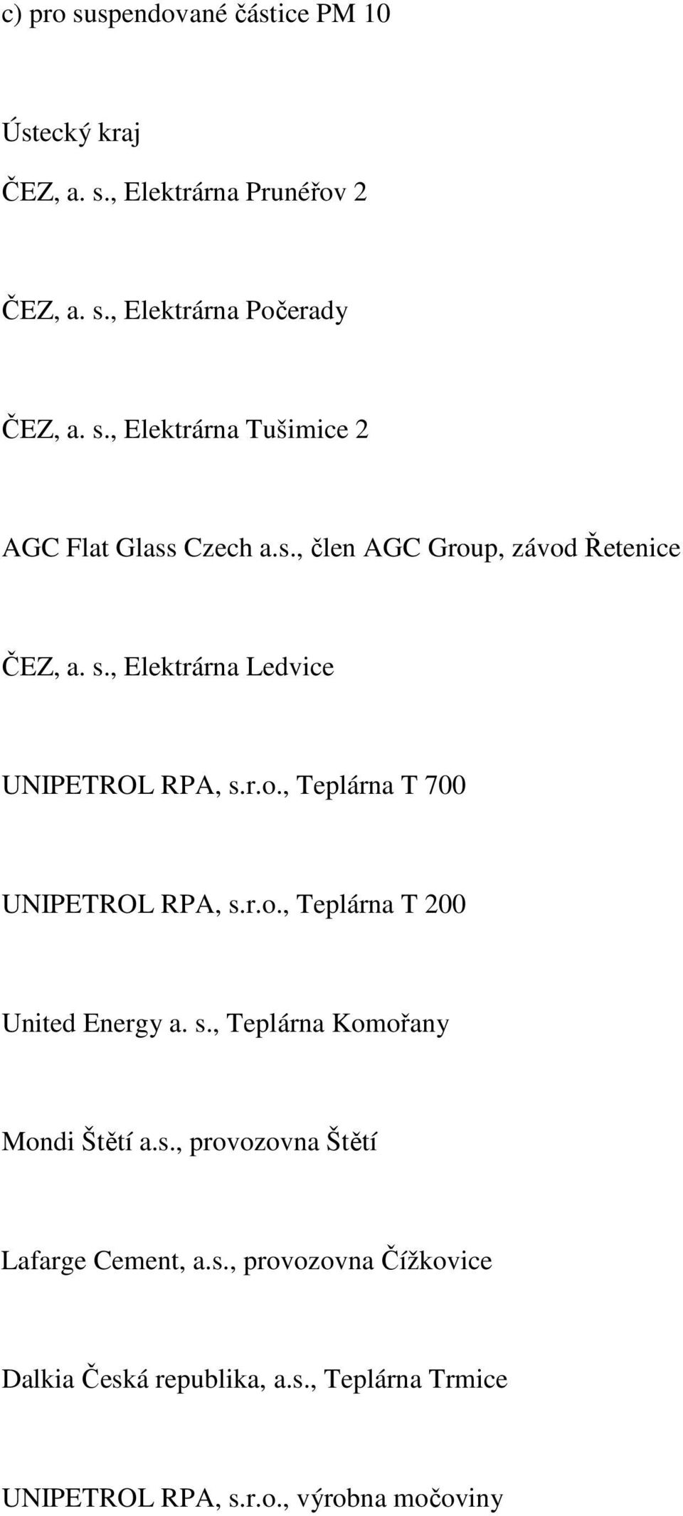 s., Teplárna Komořany Mondi Štětí a.s., provozovna Štětí Lafarge Cement, a.s., provozovna Čížkovice Dalkia Česká republika, a.s., Teplárna Trmice UNIPETROL RPA, s.