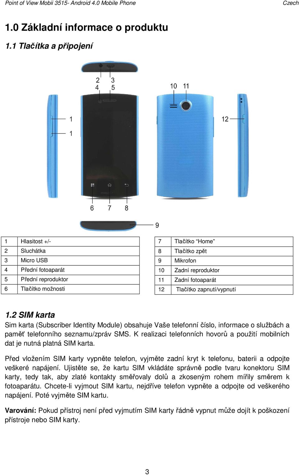 fotoaparát 12 Tlačítko zapnutí/vypnutí 1.2 SIM karta Sim karta (Subscriber Identity Module) obsahuje Vaše telefonní číslo, informace o službách a paměť telefonního seznamu/zpráv SMS.