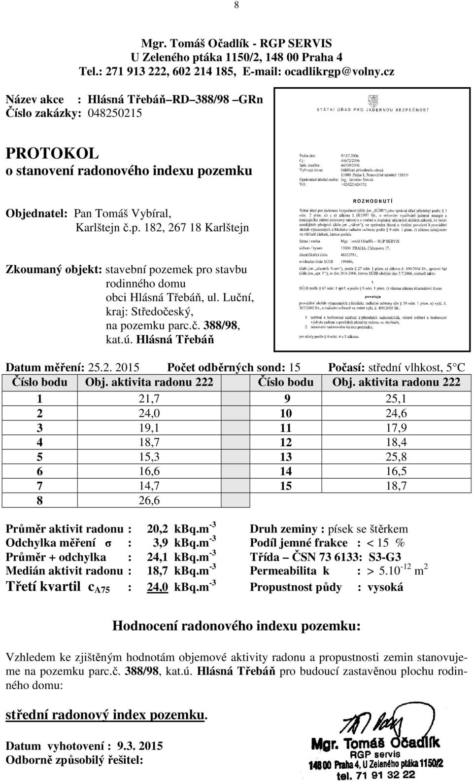 zemku Objednatel: Pan Tomáš Vybíral, Karlštejn č.p. 182, 267 18 Karlštejn Zkoumaný objekt: stavební pozemek pro stavbu rodinného domu obci Hlásná Třebáň, ul. Luční, kraj: Středočeský, na pozemku parc.