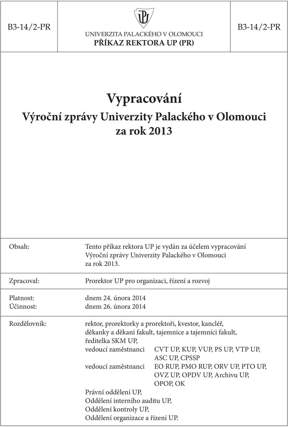 února 2014 ozdělovník: rektor, prorektorky a prorektoři, kvestor, kancléř, děkanky a děkani fakult, tajemnice a tajemníci fakult, ředitelka SKM UP, vedoucí zaměstnanci CVT UP, KUP, VUP,