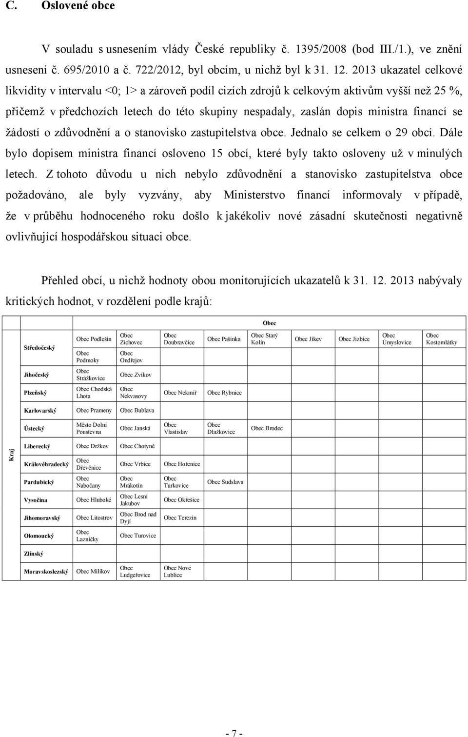 financí se žádostí o zdůvodnění a o stanovisko zastupitelstva obce. Jednalo se celkem o 29 obcí. Dále bylo dopisem ministra financí osloveno 15 obcí, které byly takto osloveny už v minulých letech.