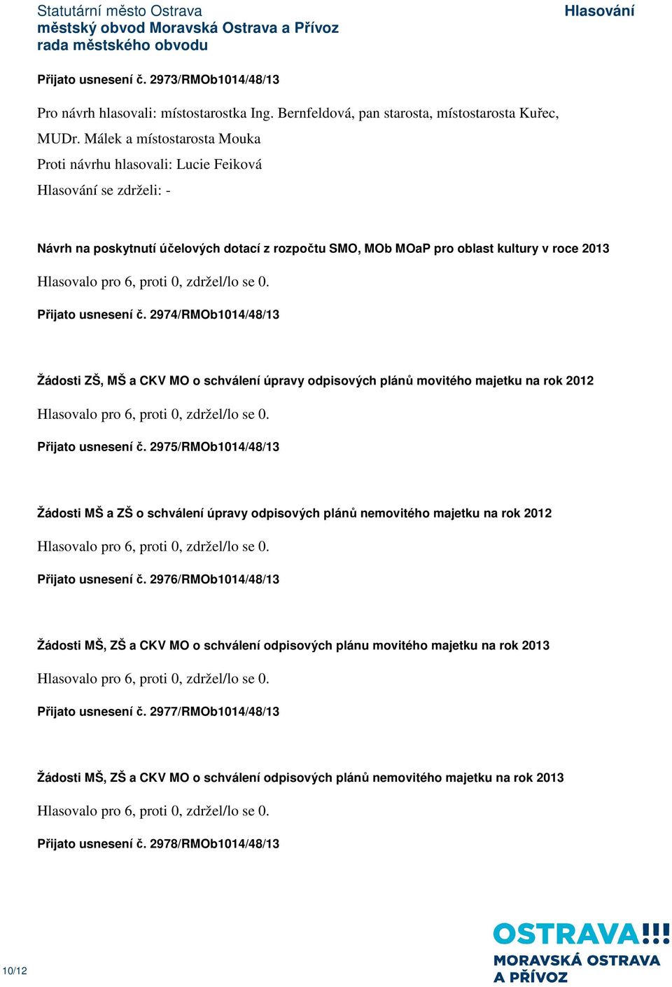 2974/RMOb1014/48/13 Žádosti ZŠ, MŠ a CKV MO o schválení úpravy odpisových plánů movitého majetku na rok 2012 Přijato usnesení č.