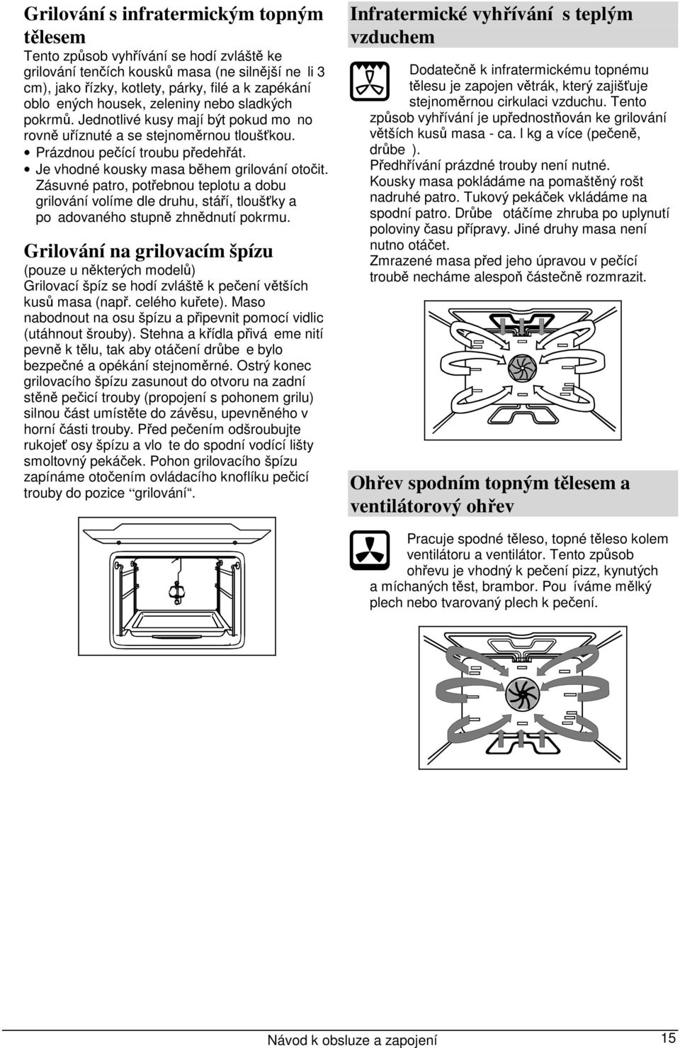 Zásuvné patro, potřebnou teplotu a dobu grilování volíme dle druhu, stáří, tloušťky a poadovaného stupně zhnědnutí pokrmu.