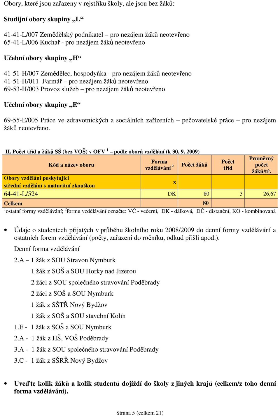 Učební obory skupiny E 69-55-E/005 Práce ve zdravotnických a sociálních zařízeních pečovatelské práce pro nezájem žáků neotevřeno. II.