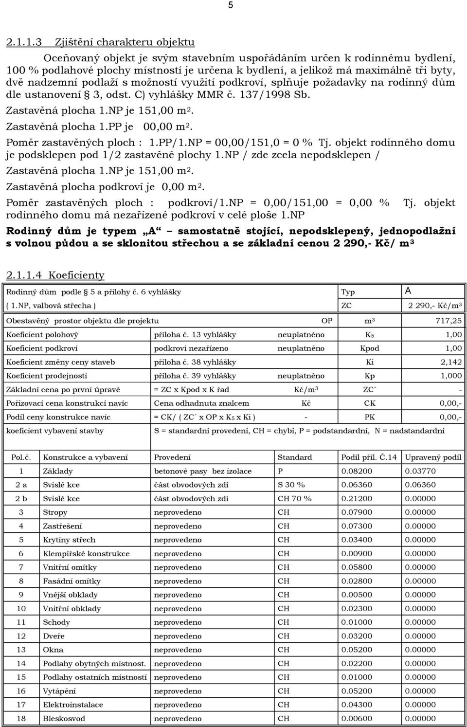 nadzemní podlaží s možností využití podkroví, splňuje požadavky na rodinný dům dle ustanovení 3, odst. C) vyhlášky MMR č. 137/1998 Sb. Zastavěná plocha 1.NP je 151,00 m 2. Zastavěná plocha 1.PP je 00,00 m 2.