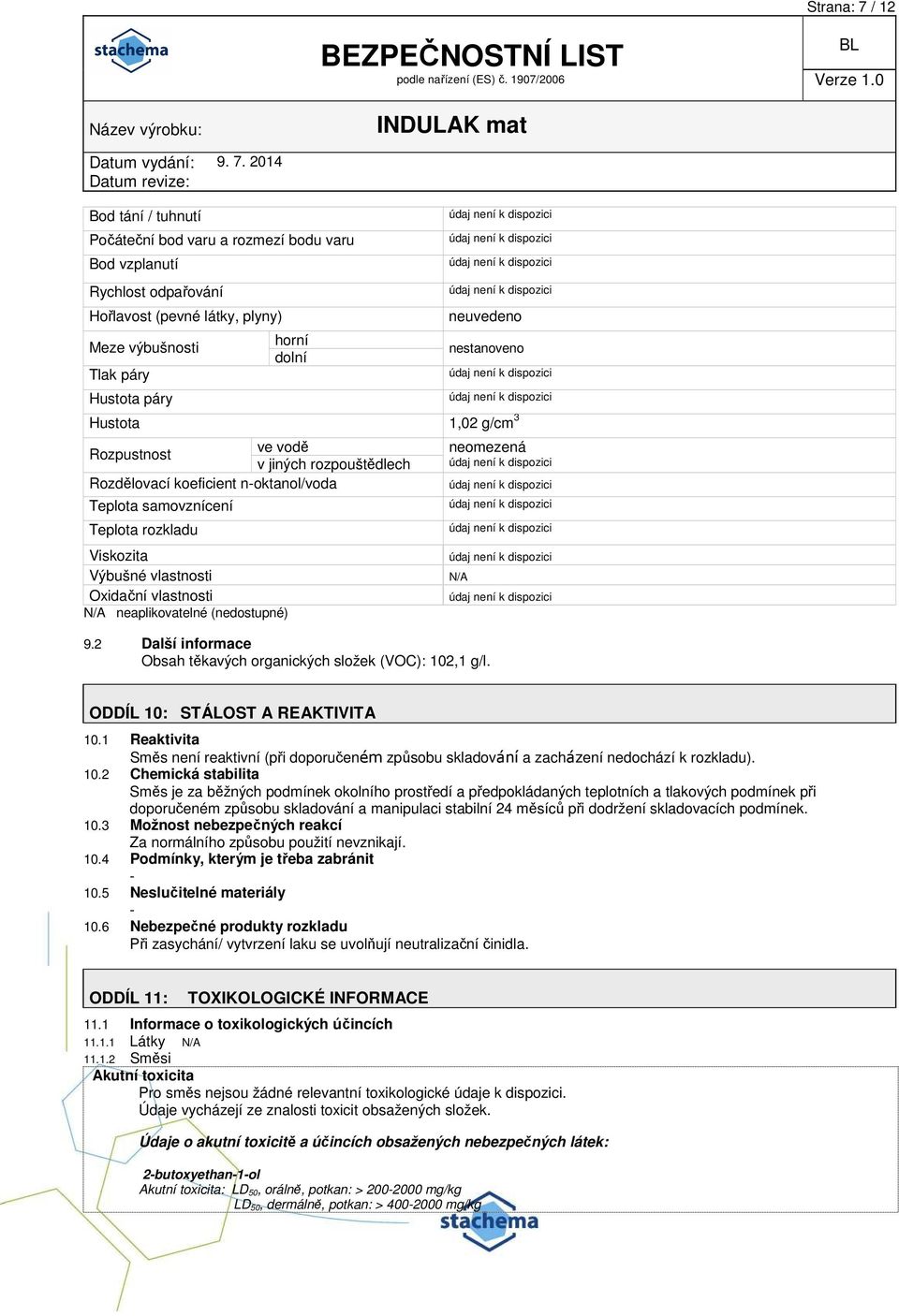 N/A neaplikovatelné (nedostupné) neomezená 9.2 Další informace Obsah těkavých organických složek (VOC): 102,1 g/l. N/A ODDÍL 10: STÁLOST A REAKTIVITA 10.