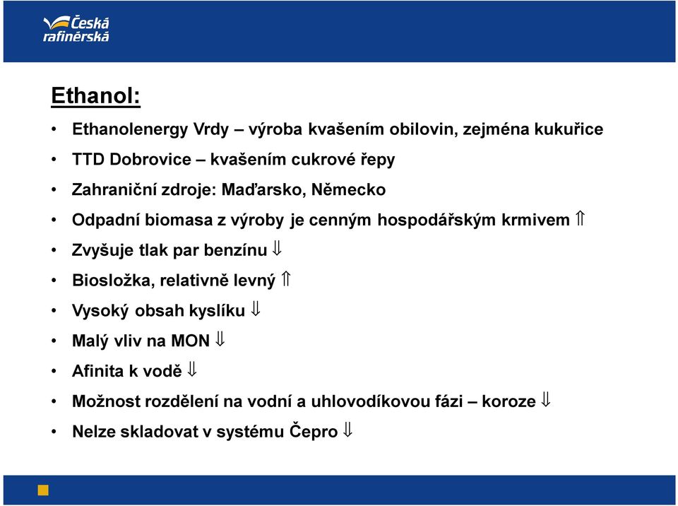 krmivem Zvyšuje tlak par benzínu Biosložka, relativně levný Vysoký obsah kyslíku Malý vliv na MON