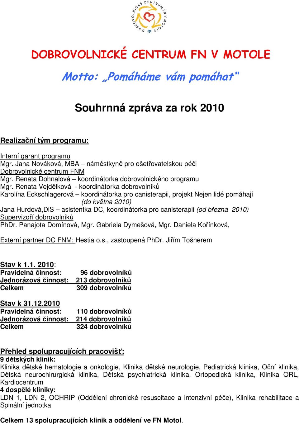 Renata Vejdělková - koordinátorka dobrovolníků Karolína Eckschlagerová koordinátorka pro canisterapii, projekt Nejen lidé pomáhají (do května 2010) Jana Hurdová,DiS asistentka DC, koordinátorka pro