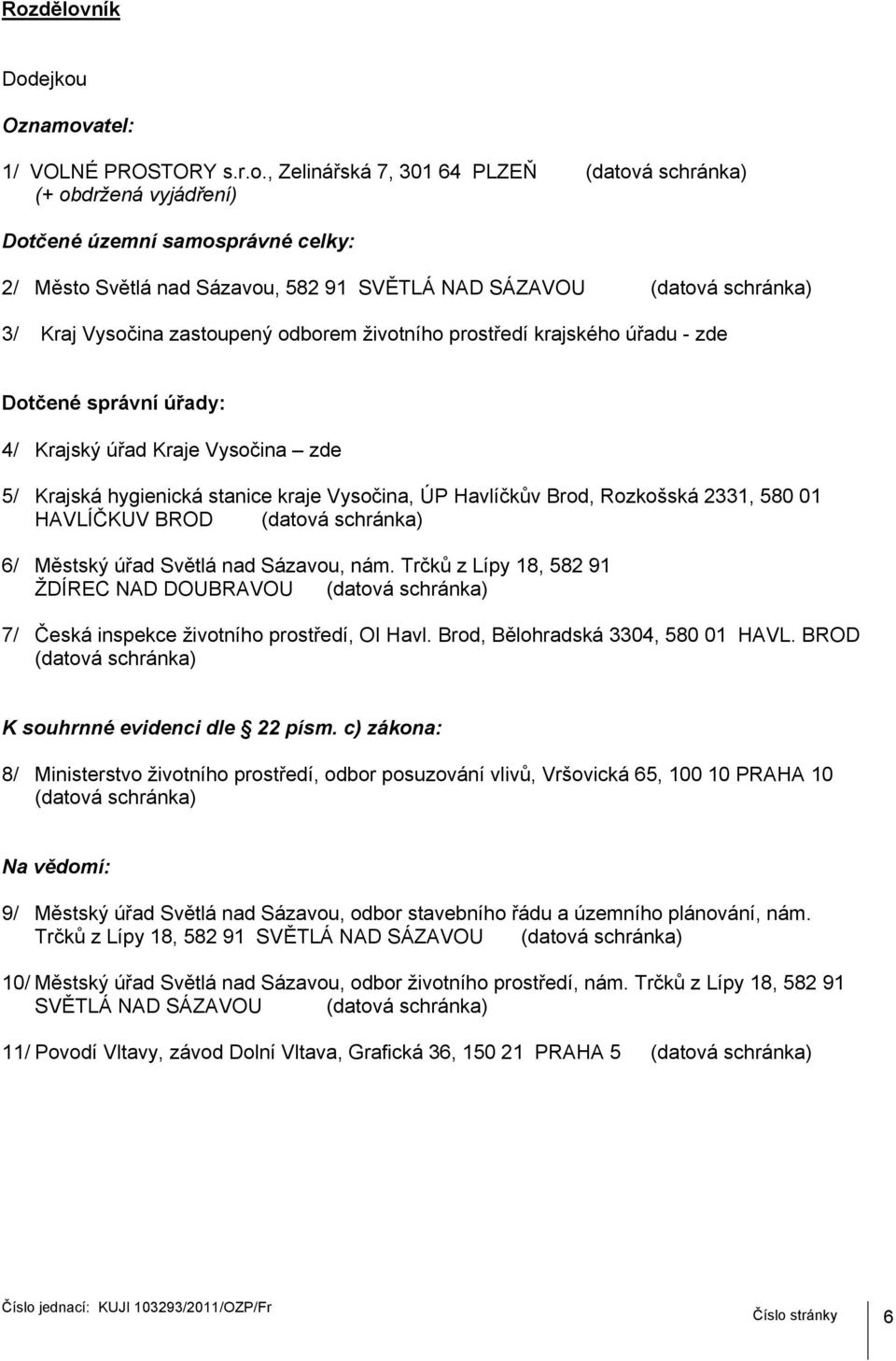 stanice kraje Vysočina, ÚP Havlíčkův Brod, Rozkošská 2331, 580 01 HAVLÍČKUV BROD (datová schránka) 6/ Městský úřad Světlá nad Sázavou, nám.