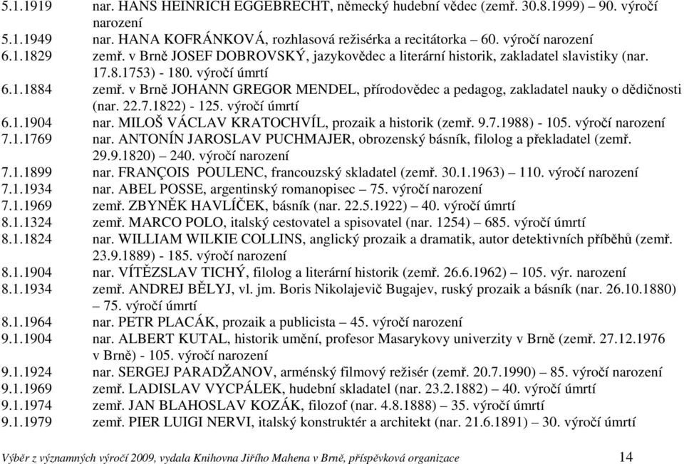 v Brně JOHANN GREGOR MENDEL, přírodovědec a pedagog, zakladatel nauky o dědičnosti (nar. 22.7.1822) - 125. výročí 6.1.1904 nar. MILOŠ VÁCLAV KRATOCHVÍL, prozaik a historik (zemř. 9.7.1988) - 105.