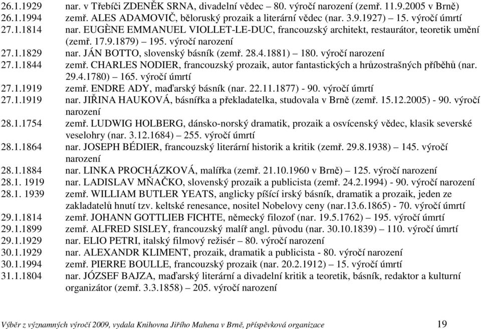 CHARLES NODIER, francouzský prozaik, autor fantastických a hrůzostrašných příběhů (nar. 29.4.1780) 165. výročí 27.1.1919 zemř. ENDRE ADY, maďarský básník (nar. 22.11.1877) - 90. výročí 27.1.1919 nar.