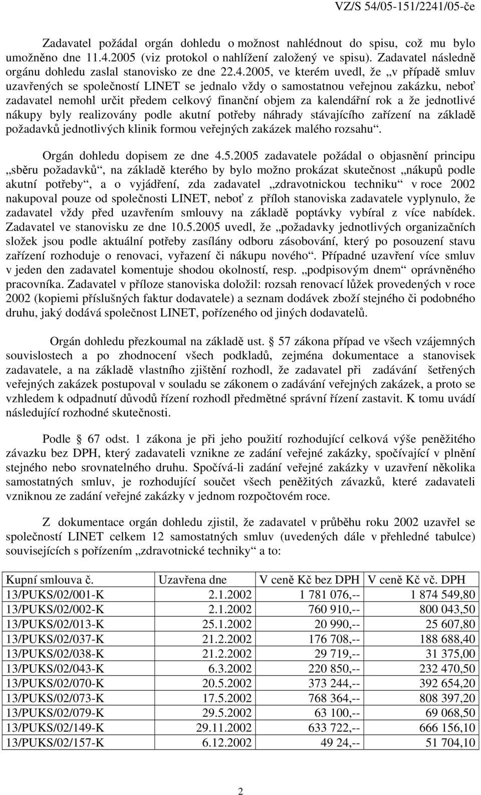 2005, ve kterém uvedl, že v případě smluv uzavřených se společností LINET se jednalo vždy o samostatnou veřejnou zakázku, neboť zadavatel nemohl určit předem celkový finanční objem za kalendářní rok