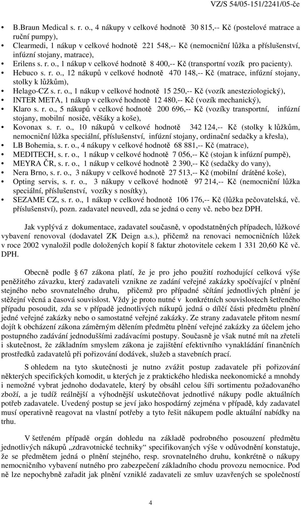 r. o., 1 nákup v celkové hodnotě 8 400,-- Kč (transportní vozík pro pacienty). Hebuco s. r. o., 12 nákupů v celkové hodnotě 470 148,-- Kč (matrace, infúzní stojany, stolky k lůžkům), Helago-CZ s. r. o., 1 nákup v celkové hodnotě 15 250,-- Kč (vozík anesteziologický), INTER META, 1 nákup v celkové hodnotě 12 480,-- Kč (vozík mechanický), Klaro s.