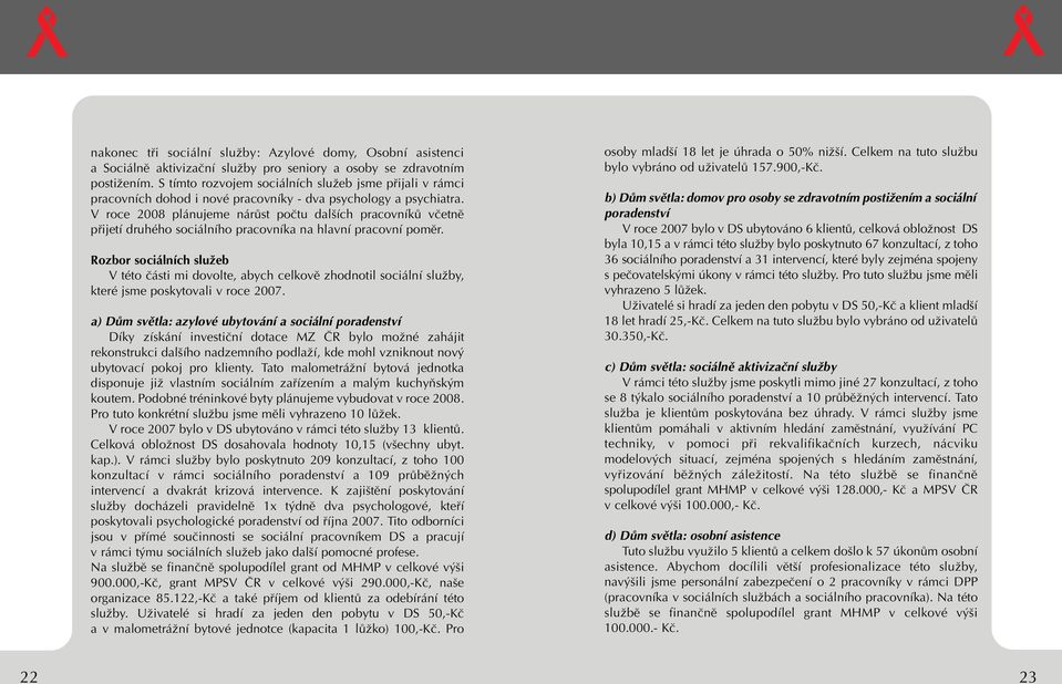 V roce 2008 plánujeme nárûst poãtu dal ích pracovníkû vãetnû pfiijetí druhého sociálního pracovníka na hlavní pracovní pomûr.