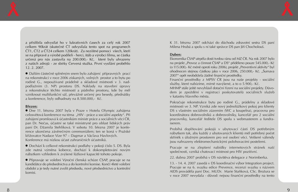 000,- Kã, které byly uhrazeny z na ich zdrojû - ze sbírky âervená stuïka. První vysílání probûhlo 12. 2. 2007.