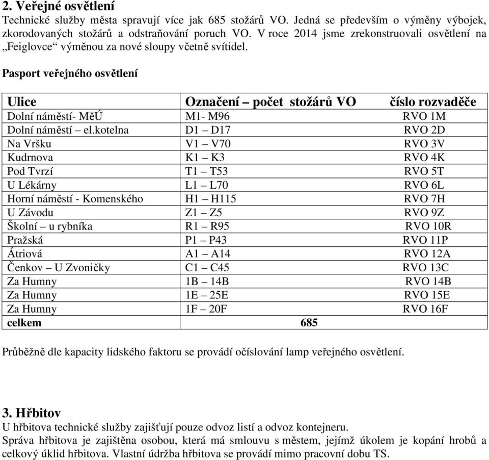 Pasport veřejného osvětlení Ulice Označení počet stožárů VO číslo rozvaděče Dolní náměstí- MěÚ M1- M96 RVO 1M Dolní náměstí el.