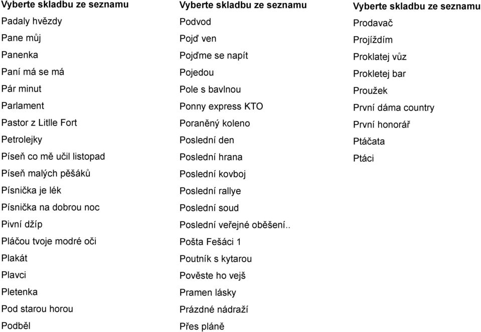 Pole s bavlnou Ponny express KTO Poraněný koleno Poslední den Poslední hrana Poslední kovboj Poslední rallye Poslední soud Poslední veřejné oběšení.