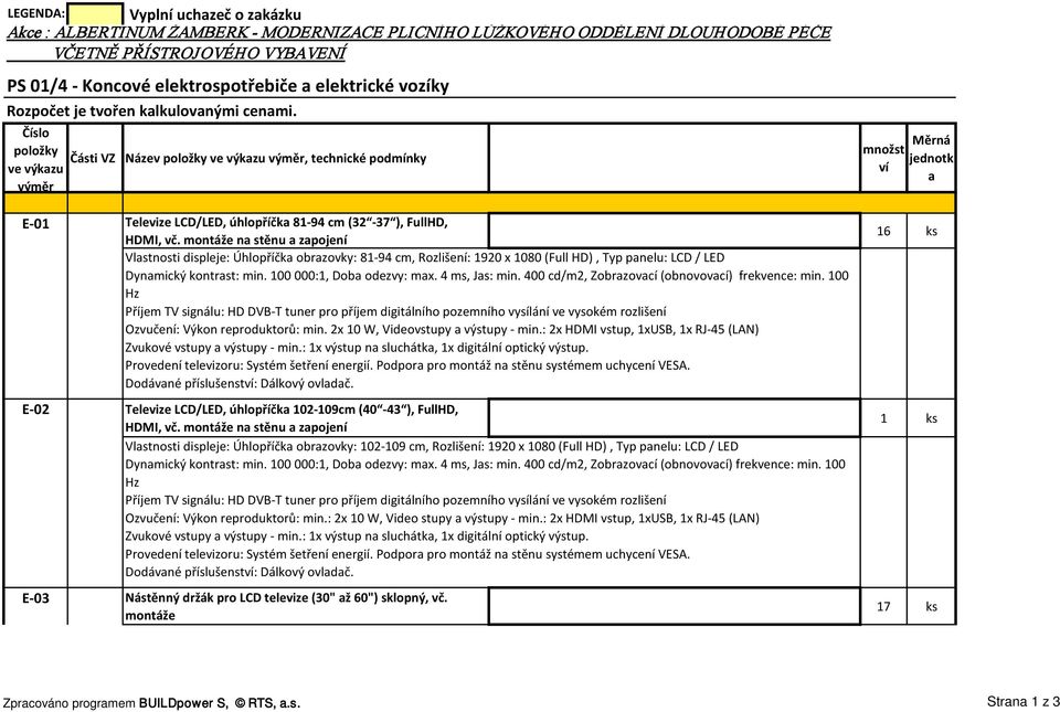 Číslo položky ve výkazu výměr Části VZ Název položky ve výkazu výměr, technické podmínky E-01 Televize LCD/LED, úhlopříčka 81-94 cm (32-37 ), FullHD, HDMI, vč.