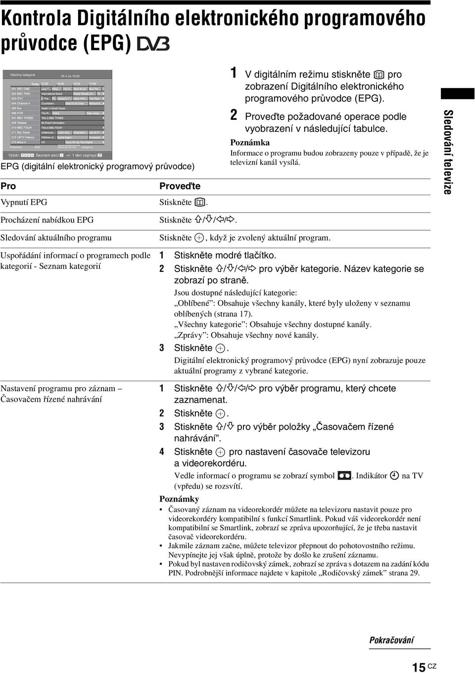 2 Proveďte požadované operace podle vyobrazení v následující tabulce. Poznámka Informace o programu budou zobrazeny pouze v případě, že je televizní kanál vysílá.