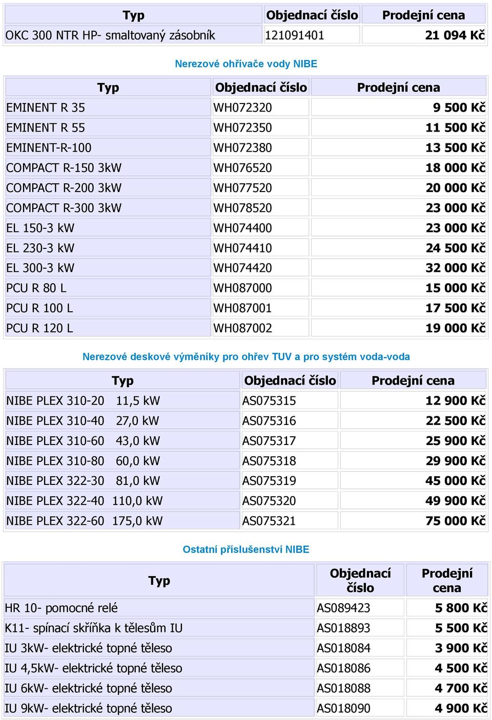 WH087000 15 000 Kč PCU R 100 L WH087001 17 500 Kč PCU R 120 L WH087002 19 000 Kč Nerezové deskové výměníky pro ohřev TUV a pro systém voda-voda NIBE PLEX 310-20 11,5 kw AS075315 12 900 Kč NIBE PLEX