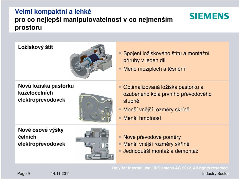 elektropřevodovek Optimalizovaná ložiska pastorku a ozubeného kola prvního převodového stupně Menší vnější rozměry skříně Menší hmotnost