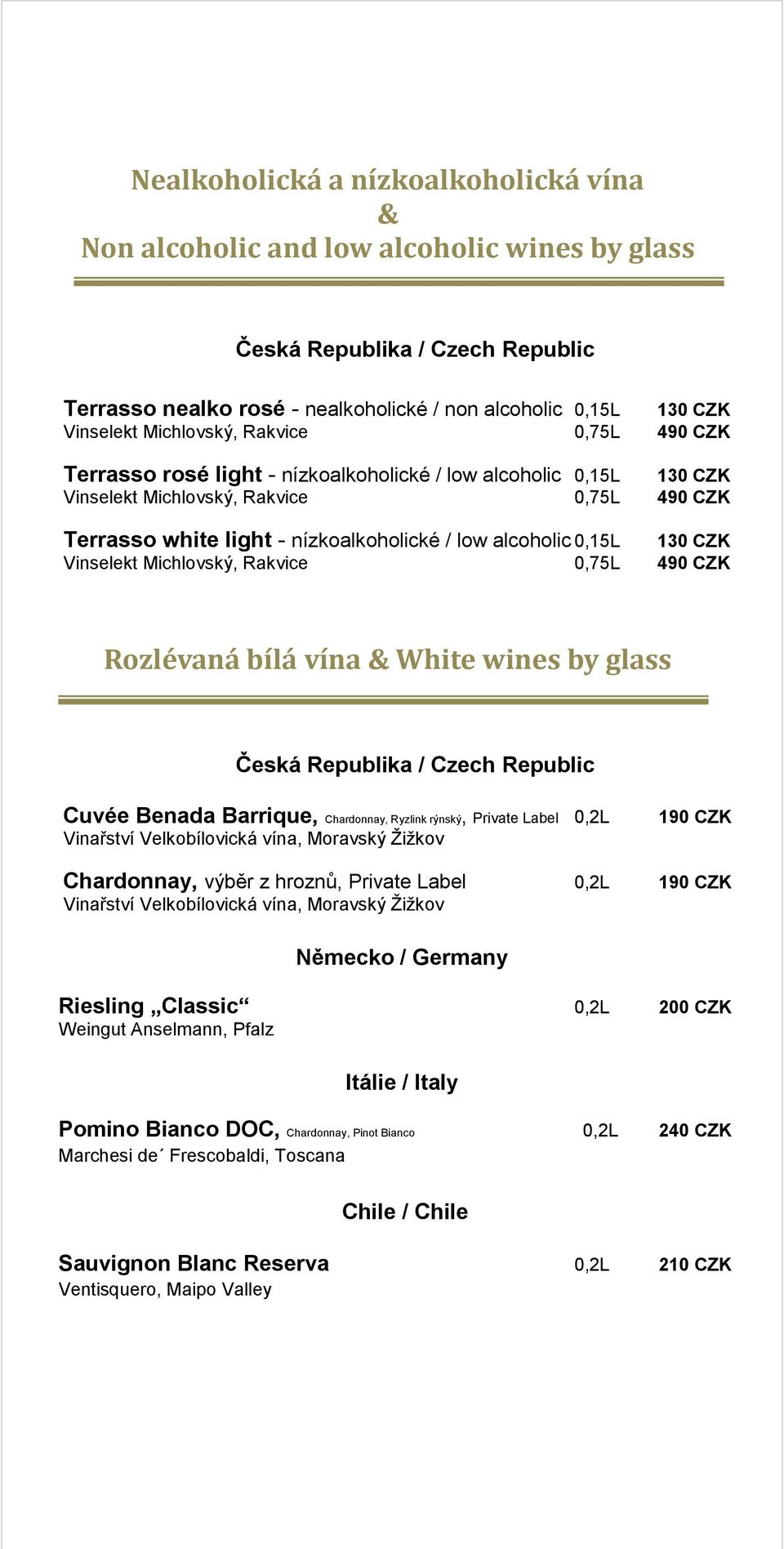 Michlovský, Rakvice 0,75L 490 CZK Rozlévaná bílá vína & White wines by glass Cuvée Benada Barrique, Chardonnay, Ryzlink rýnský, Private Label 0,2L Vinařství Velkobílovická vína, Moravský Žižkov 190