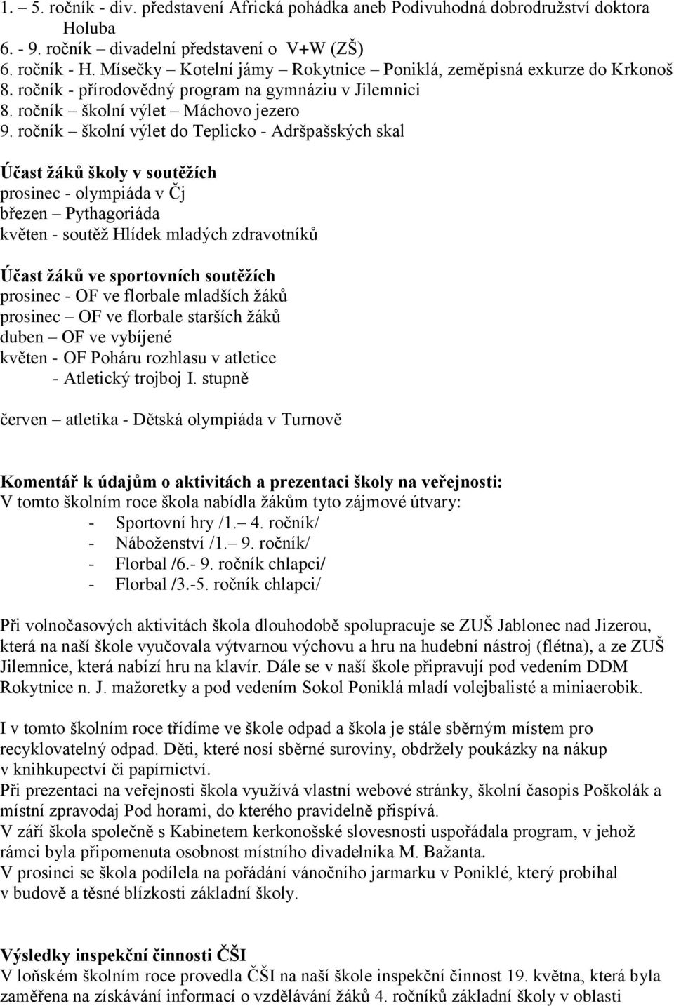 ročník školní výlet do Teplicko - Adršpašských skal Účast žáků školy v soutěžích prosinec - olympiáda v Čj březen Pythagoriáda květen - soutěž Hlídek mladých zdravotníků Účast žáků ve sportovních