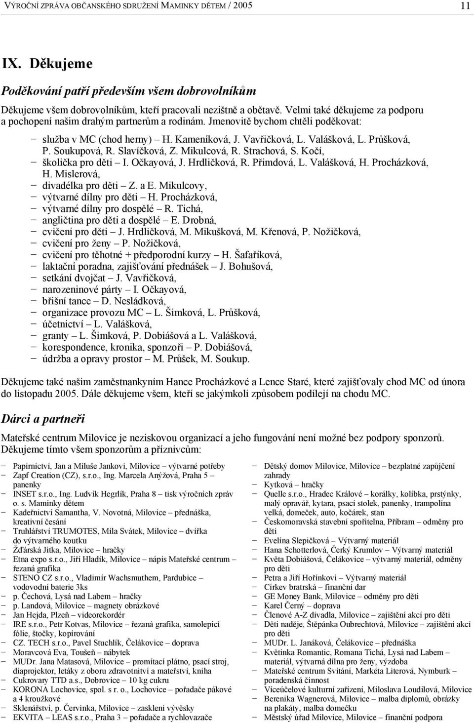 Soukupová, R. Slavíčková, Z. Mikulcová, R. Strachová, S. Kočí, školička pro děti I. Očkayová, J. Hrdličková, R. Přimdová, L. Valášková, H. Procházková, H. Mislerová, divadélka pro děti Z. a E.