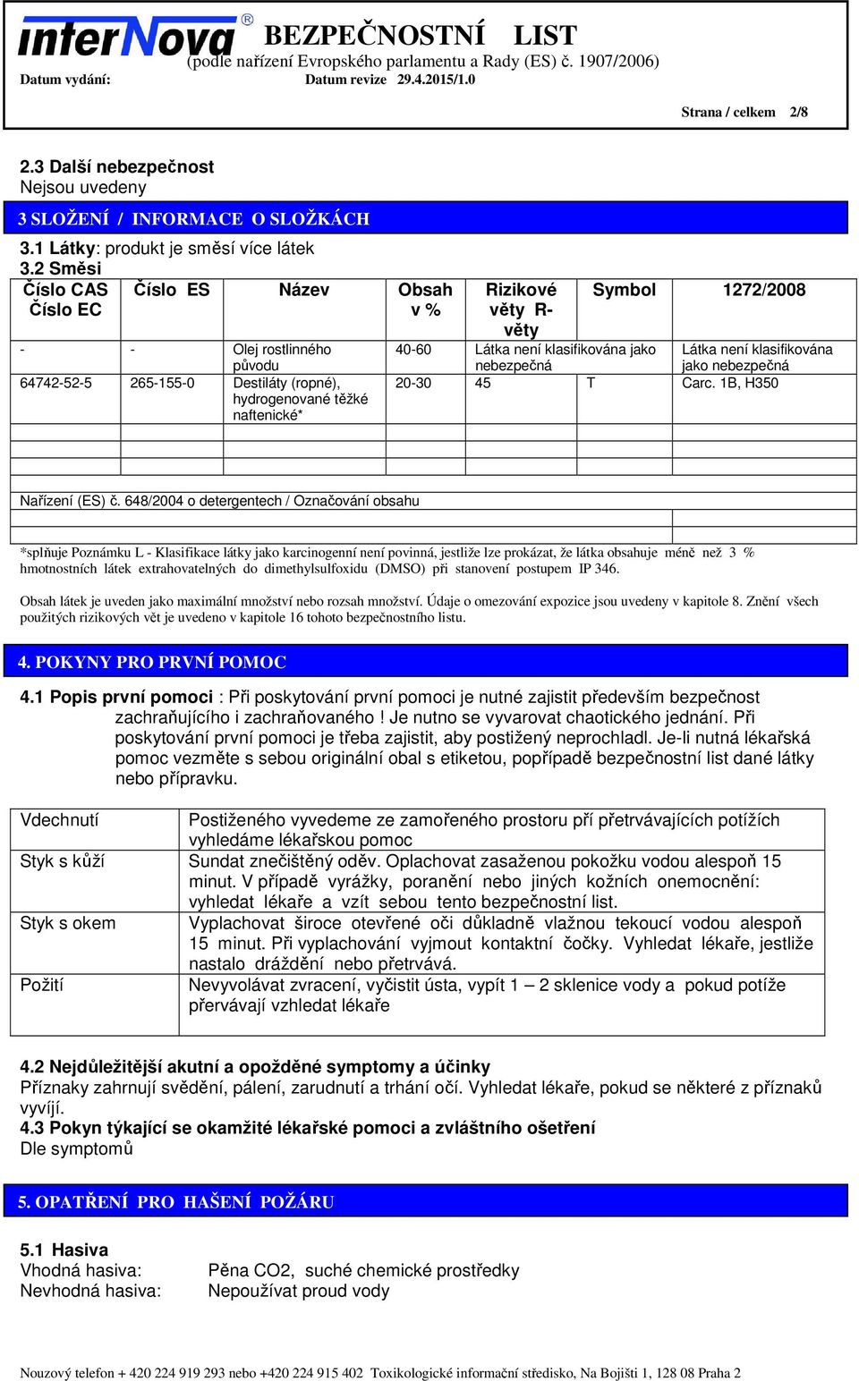 Látka není klasifikována jako nebezpečná Látka není klasifikována jako nebezpečná 20-30 45 T Carc. 1B, H350 Nařízení (ES) č.
