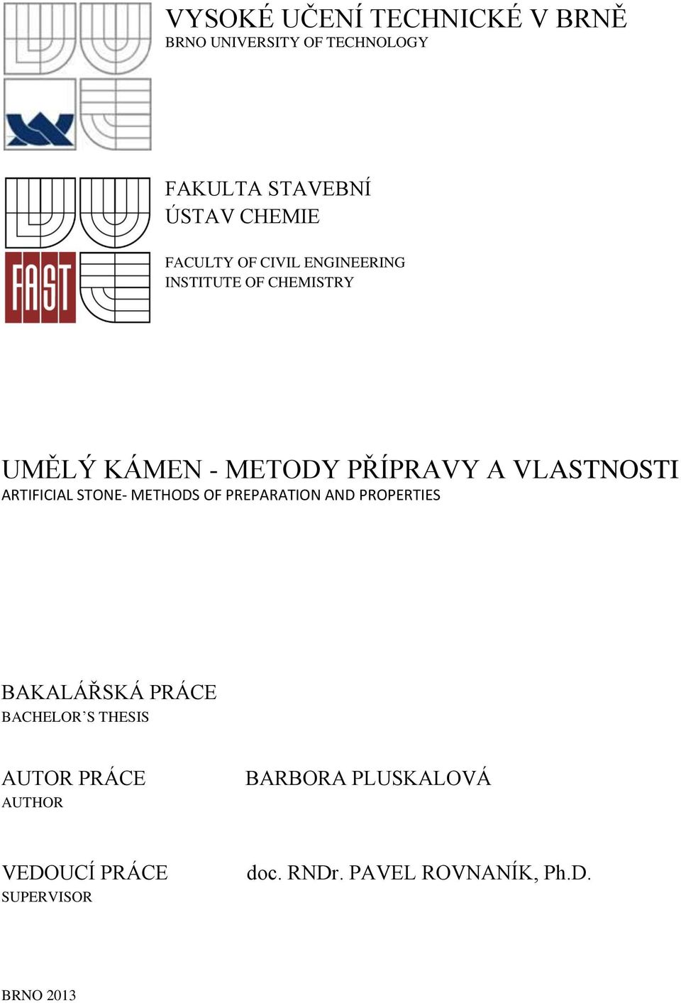 ARTIFICIAL STONE- METHODS OF PREPARATION AND PROPERTIES BAKALÁŘSKÁ PRÁCE BACHELOR S THESIS