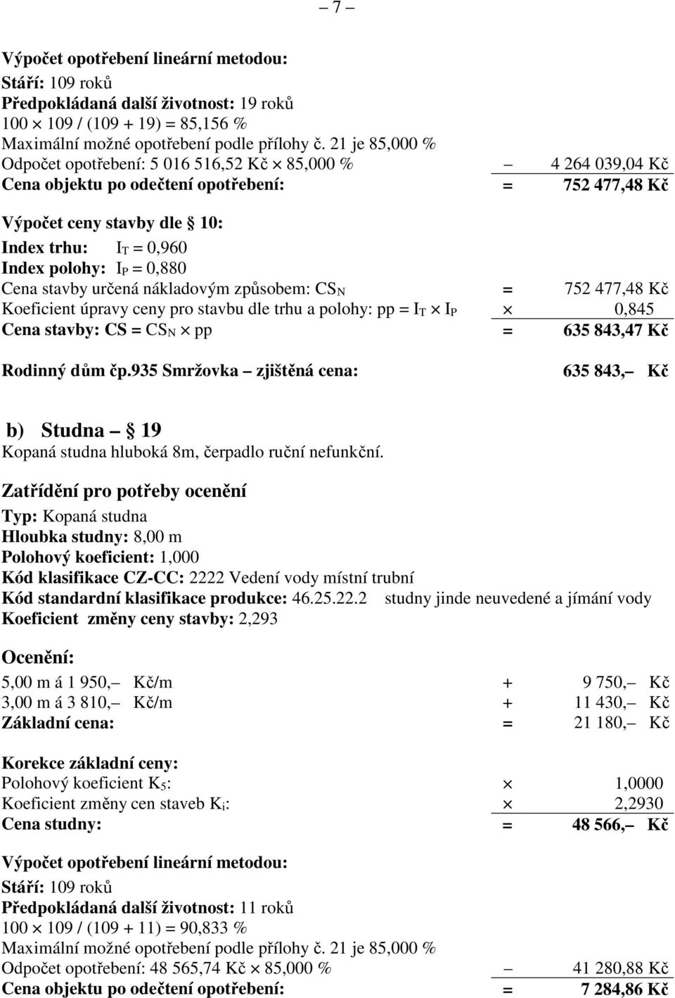 = 0,880 Cena stavby určená nákladovým způsobem: CS N = 752 477,48 Kč Koeficient úpravy ceny pro stavbu dle trhu a polohy: pp = I T I P 0,845 Cena stavby: CS = CS N pp = 635 843,47 Kč Rodinný dům čp.