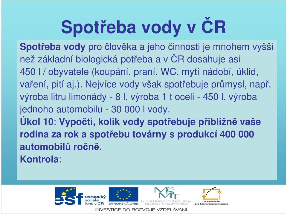 výroba litru limonády - 8 l, výroba 1 t oceli - 450 l, výroba jednoho automobilu - 30 000 l vody.