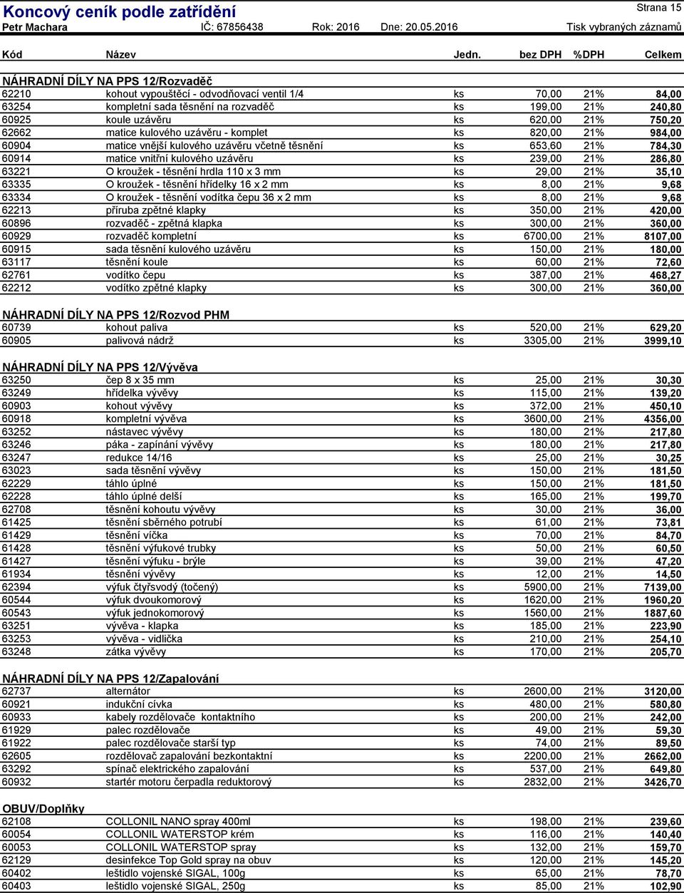 110 x 3 mm ks 29,00 21% 63335 O kroužek - těsnění hřídelky 16 x 2 mm ks 8,00 21% 63334 O kroužek - těsnění vodítka čepu 36 x 2 mm ks 8,00 21% 62213 příruba zpětné klapky ks 350,00 21% 60896 rozvaděč