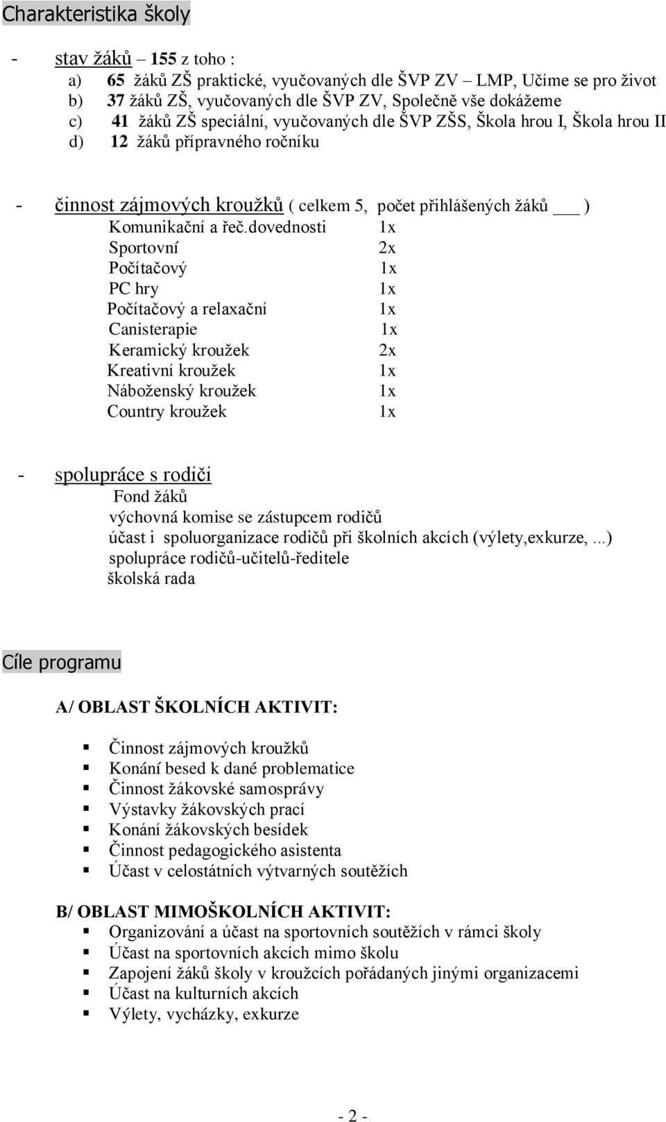dovednosti Sportovní 2x Počítačový PC hry Počítačový a relaxační Canisterapie Keramický kroužek 2x Kreativní kroužek Náboženský kroužek Country kroužek - spolupráce s rodiči Fond žáků výchovná komise
