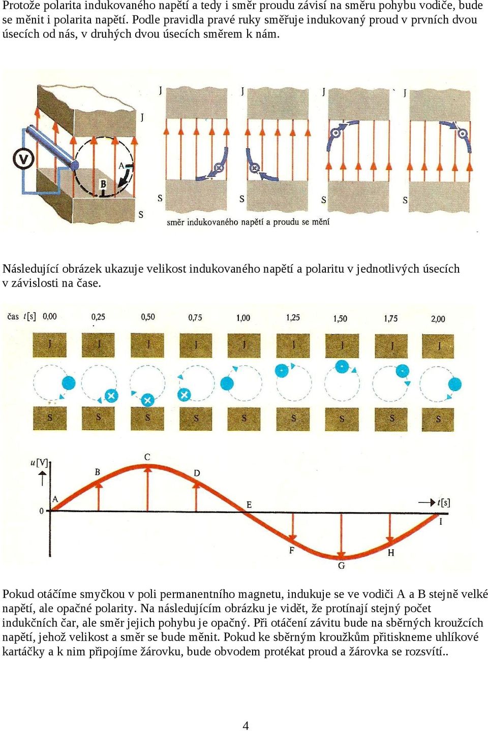 Následující obrázek ukazuje velikost indukovaného napětí a polaritu v jednotlivých úsecích v závislosti na čase.