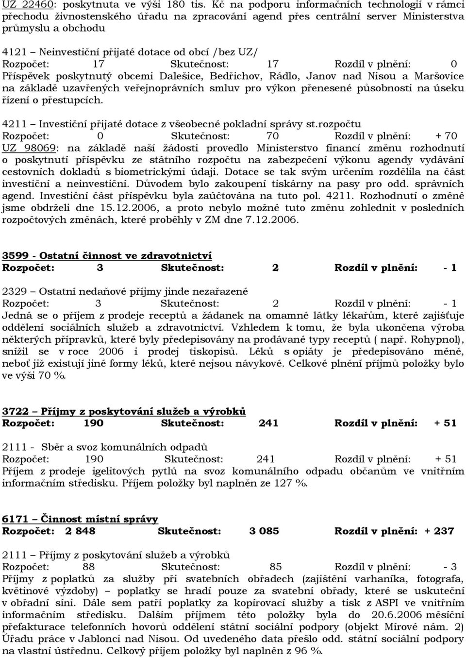 UZ/ Rozpočet: 17 Skutečnost: 17 Rozdíl v plnění: 0 Příspěvek poskytnutý obcemi Dalešice, Bedřichov, Rádlo, Janov nad Nisou a Maršovice na základě uzavřených veřejnoprávních smluv pro výkon přenesené