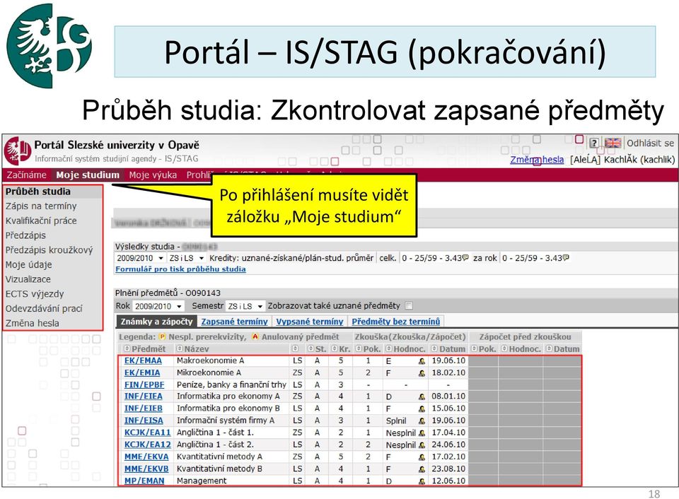 zapsané předměty Po přihlášení